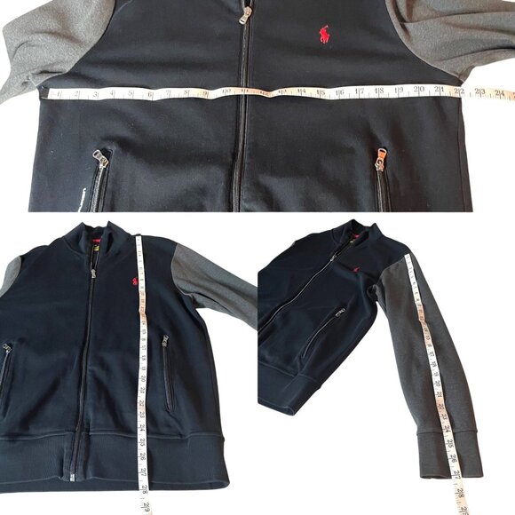 Ralph Lauren Jacket Men's M Full-Zip Black with Gray Sleeves Cotton Red Logo - Picture 6 of 7
